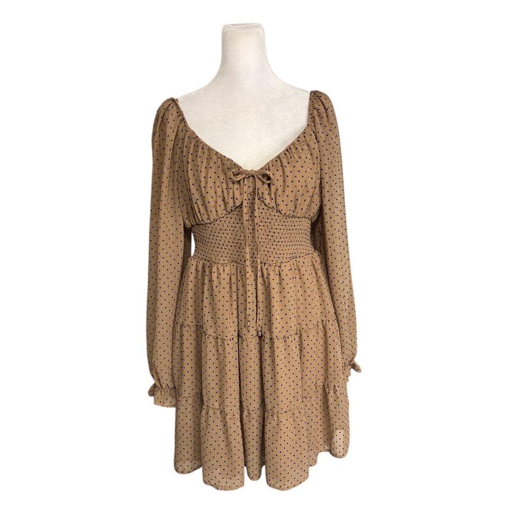 By The River Brown Dot Smocked Waist Dress Size Large
